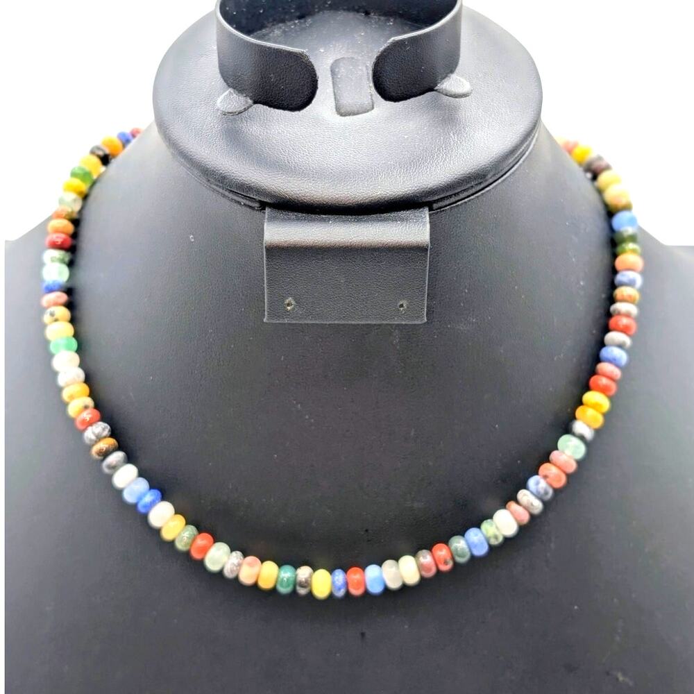 S & P 925 Sterling Silver Semi-Precious Stone Bead Boho Choker 17.5" Necklace